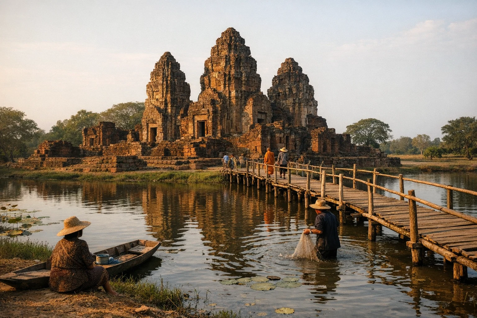 Ancient laterite ruins of Ku Santarat in Thailand surrounded by trees and open countryside