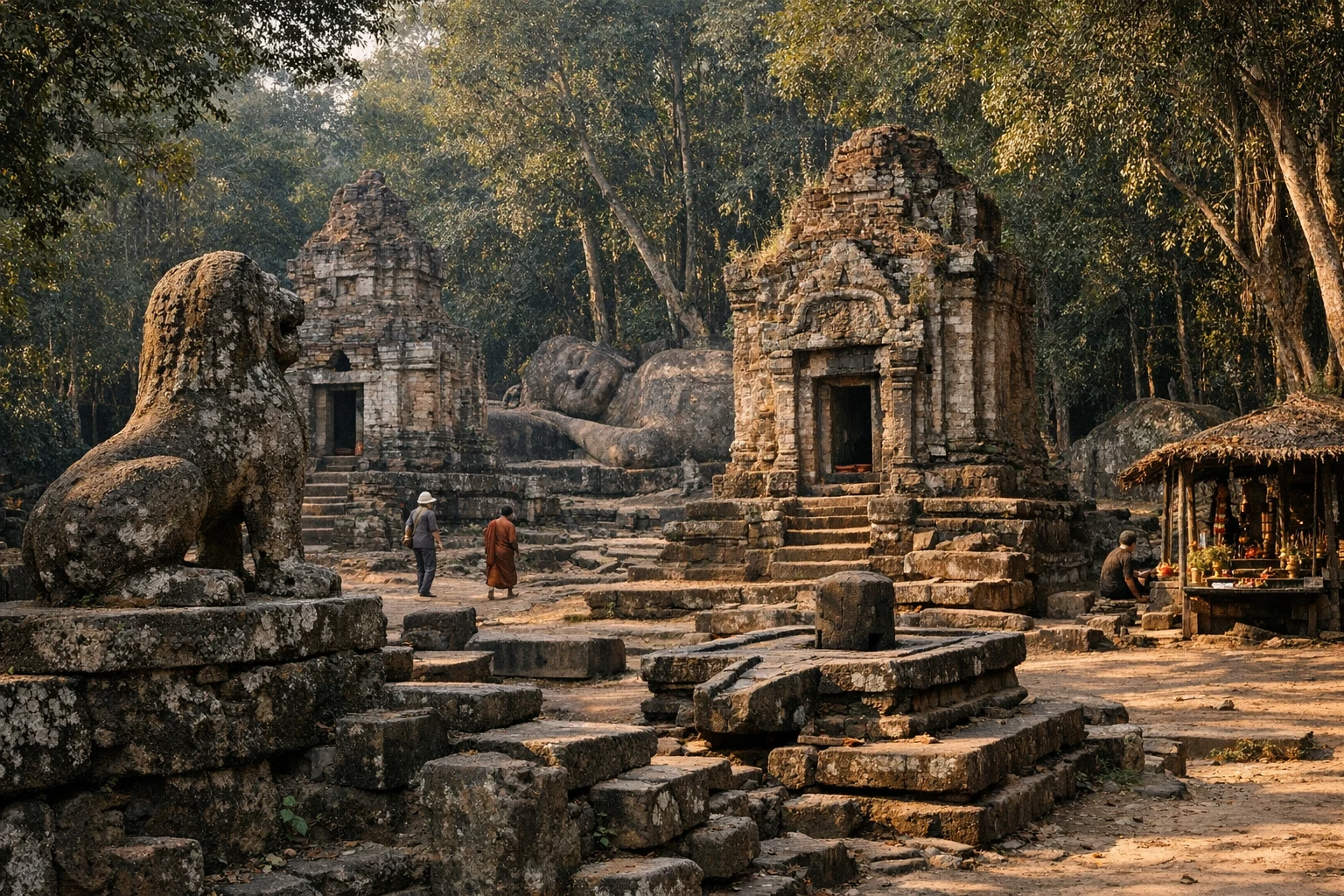 Ancient stone remains and forested sacred landscape at Kulen Mountain temples in Cambodia