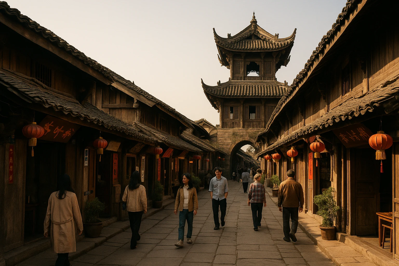 Traditional upturned-eave rooftops and cobbled lanes of Langzhong Ancient Town in Sichuan, China