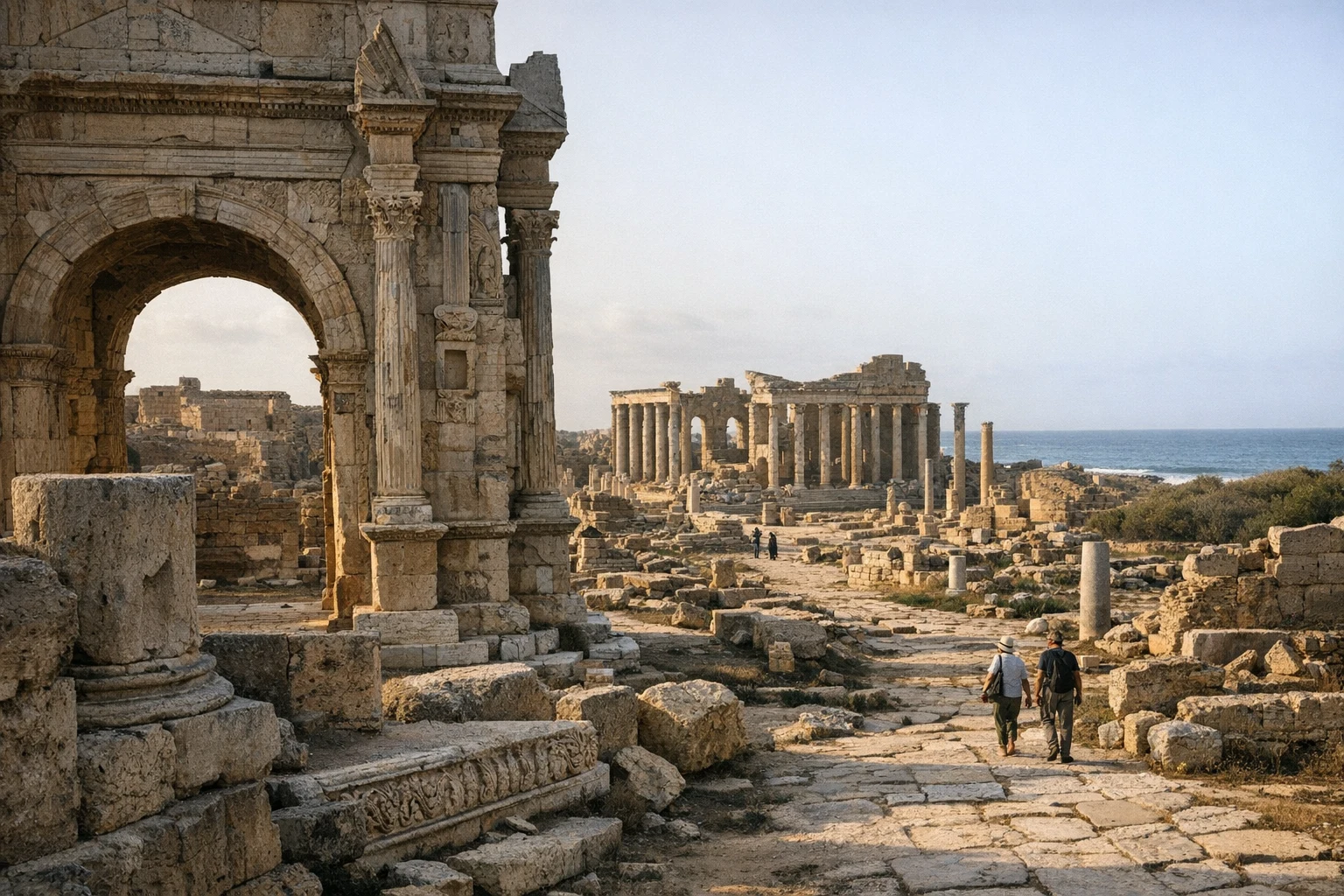 Ruins of Leptis Magna on the coast of Libya, including Roman columns and stone monuments