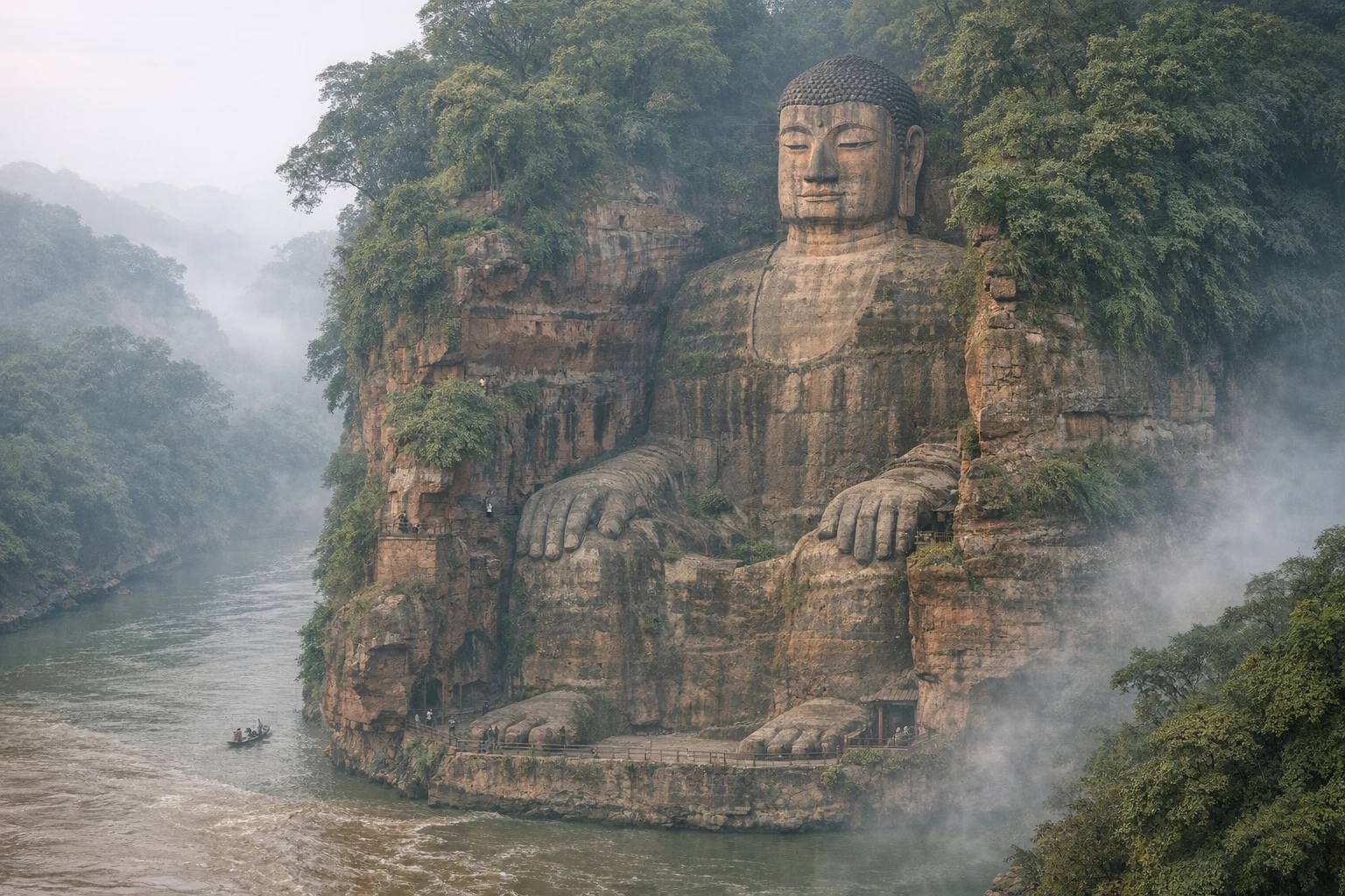 The Leshan Giant Buddha carved into the red sandstone cliff above the confluence of three rivers in Sichuan, China