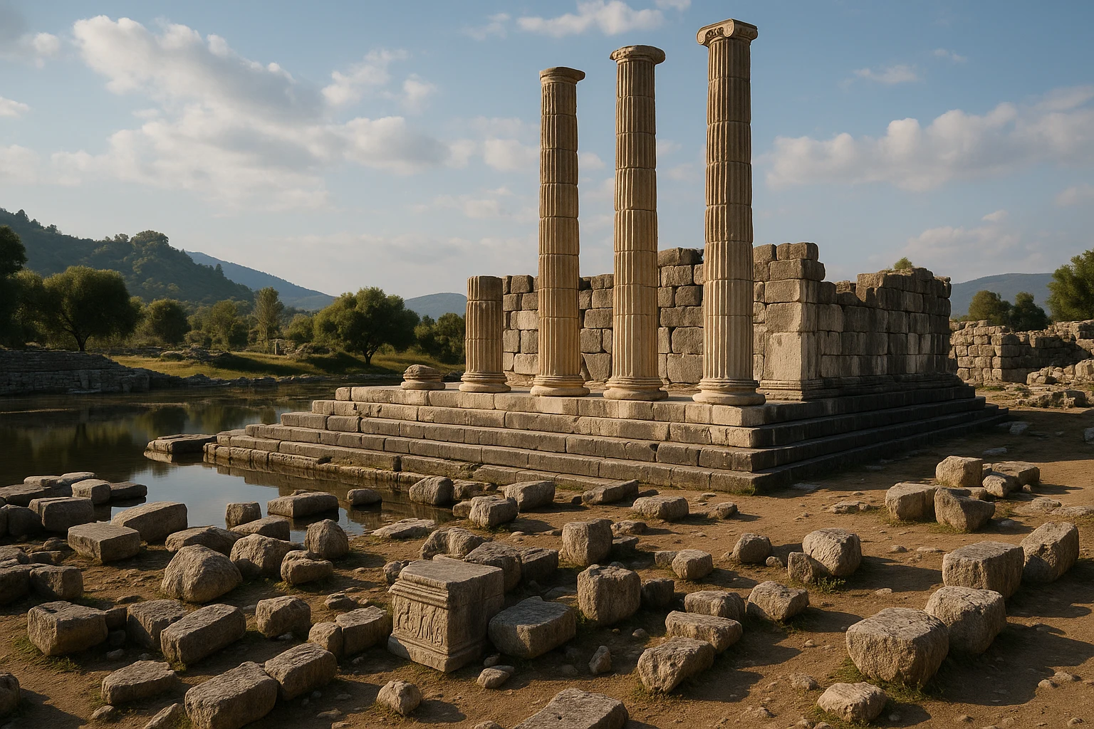 Temple remains and sacred pool at Letoon sanctuary, Turkey