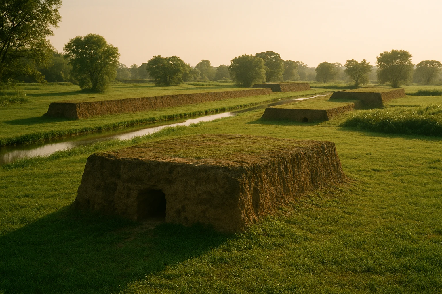 Aerial view of the excavated ancient city walls and waterways of Liangzhu Ancient City in Zhejiang, China
