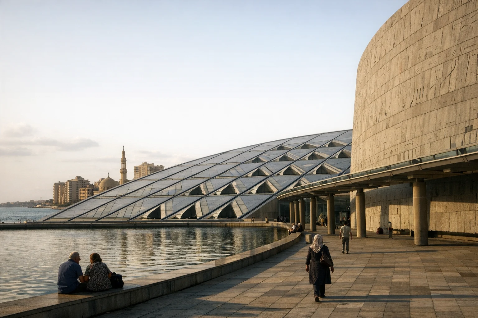 Ancient ruins and imagined reconstruction of the Library of Alexandria, Egypt