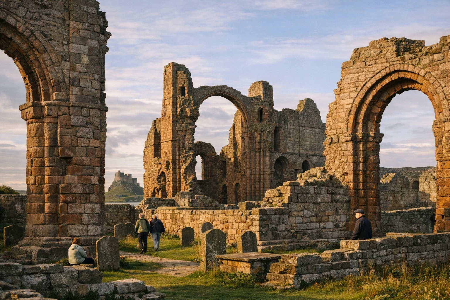 Ruins of Lindisfarne Priory on Holy Island in the United Kingdom under a wide coastal sky
