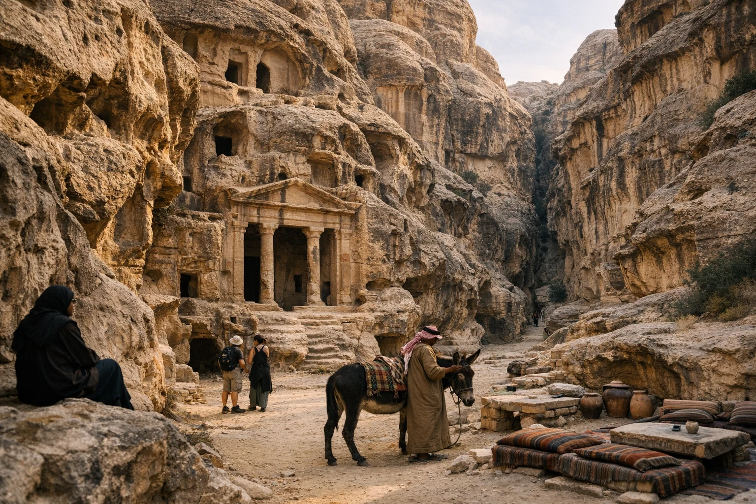 View of the sandstone facades and rock-cut architecture at Little Petra (Siq al-Barid) in Jordan