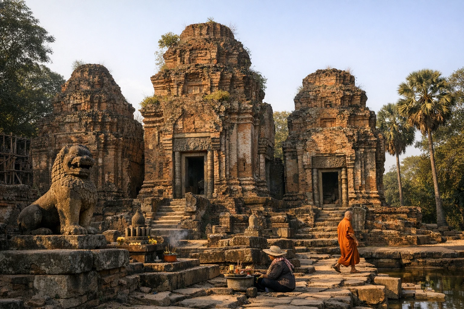 Brick towers and ancient carvings of Lolei temple in Siem Reap, Cambodia