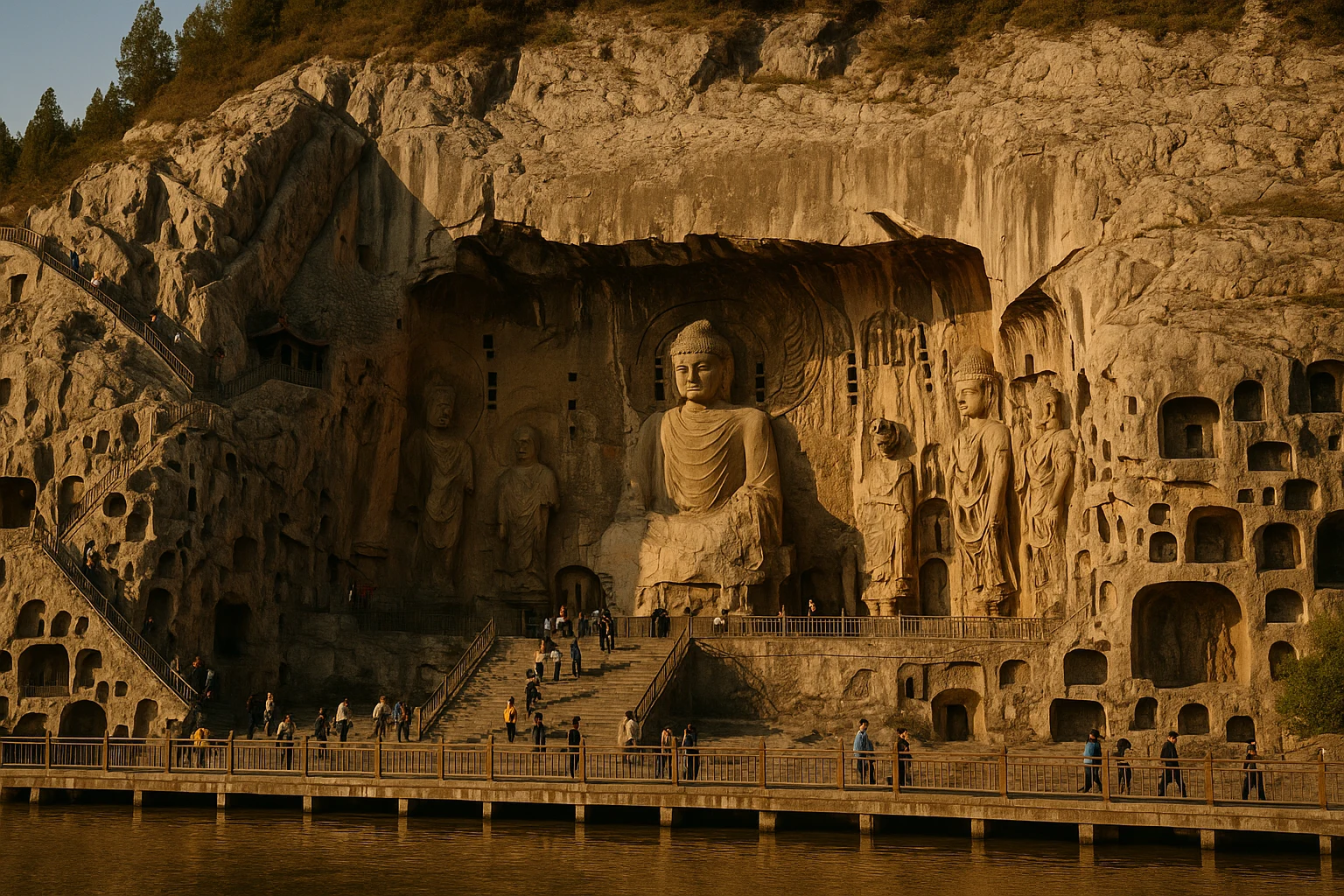 Massive Buddhist carvings carved into the limestone cliffs at Longmen Grottoes, Luoyang, China