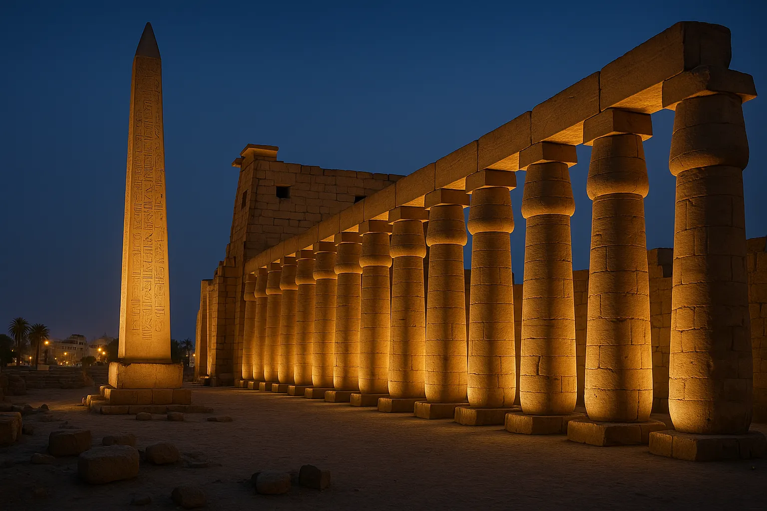 Luxor Temple illuminated columns and obelisk at dusk