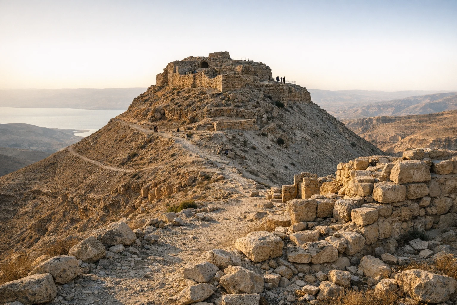 Ruins of Machaerus (Mukawir) fortress on a hilltop above the Dead Sea in Jordan