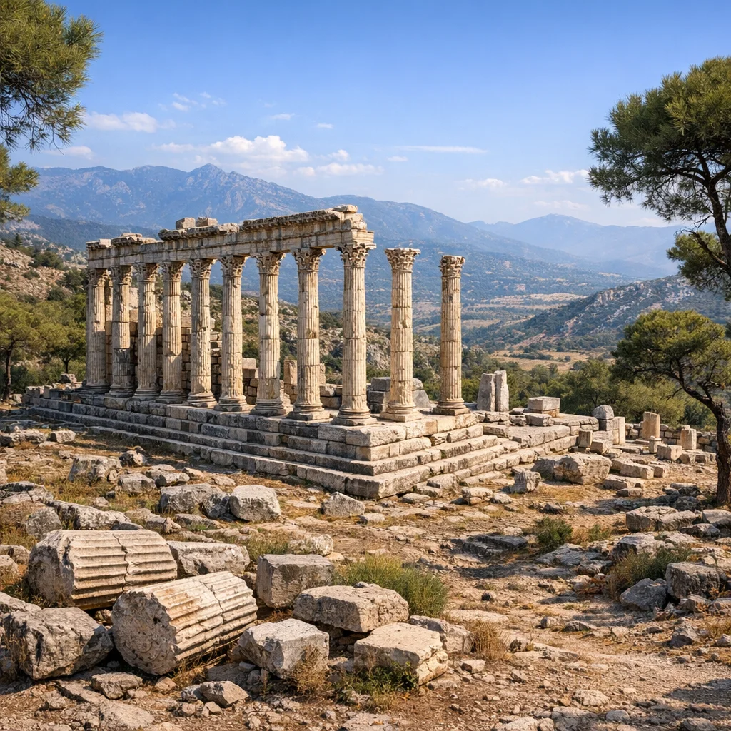 Temple of Artemis at Magnesia surrounded by mountain landscape