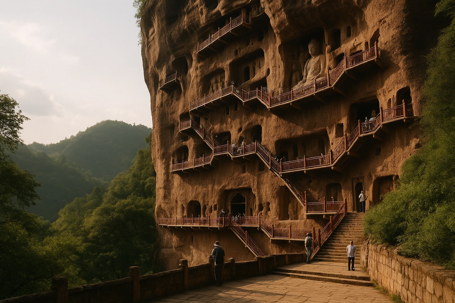 Honeycomb of Buddhist cave shrines and plank walkways carved into the sheer red cliffs of Maijishan Mountain in Gansu Province, China
