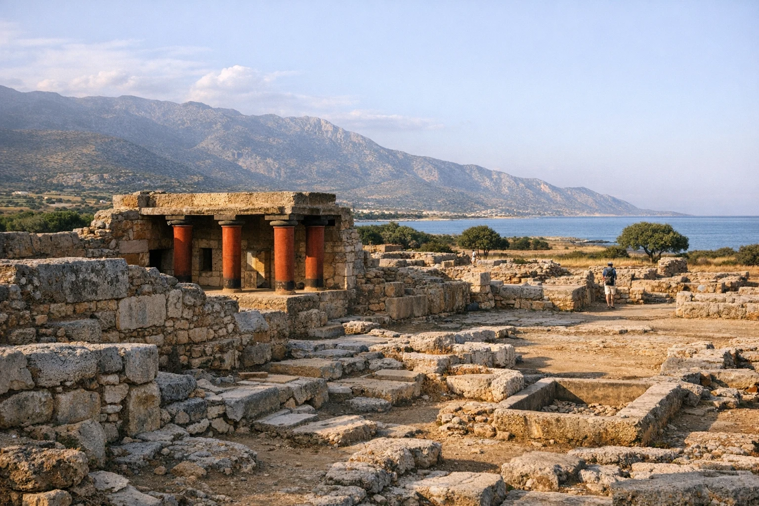 Ruins of Malia Palace on Crete, Greece, with stone courtyards and walls under bright Mediterranean light