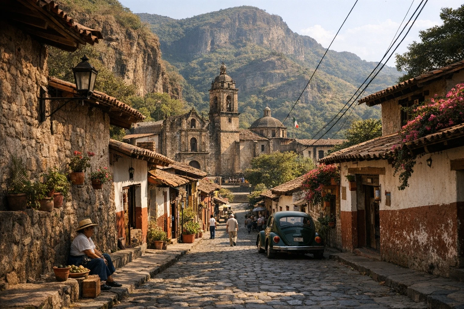 The hilltop archaeological site of Malinalco in Mexico overlooking the valley and town below