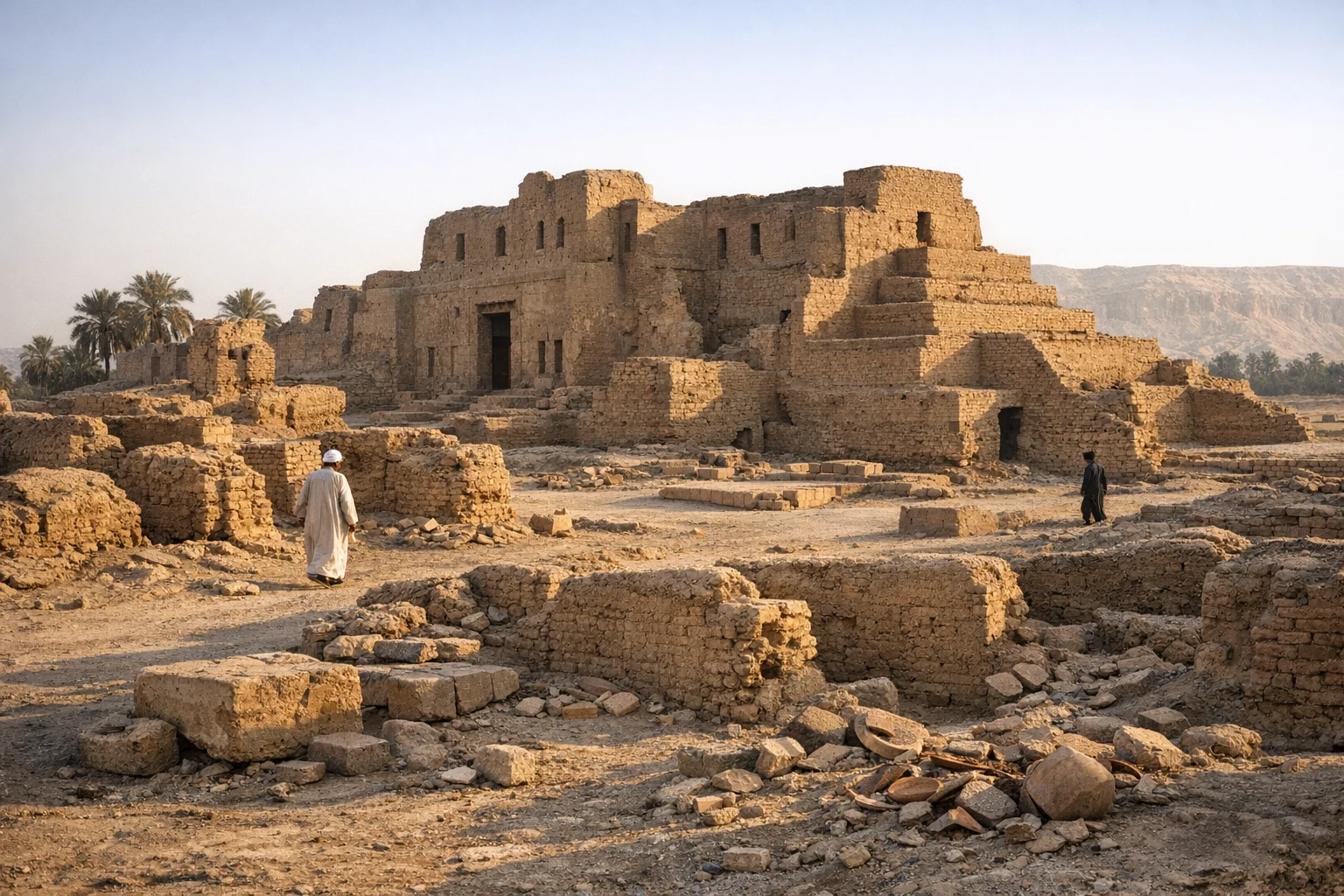 Ruins of Malkata Palace on the west bank of Luxor, Egypt, near the desert edge