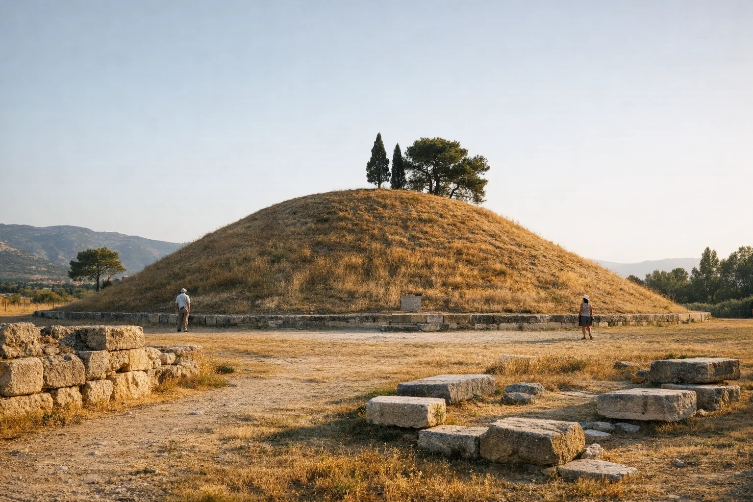 The Marathon Tomb memorial mound on the plain of Marathon in Greece