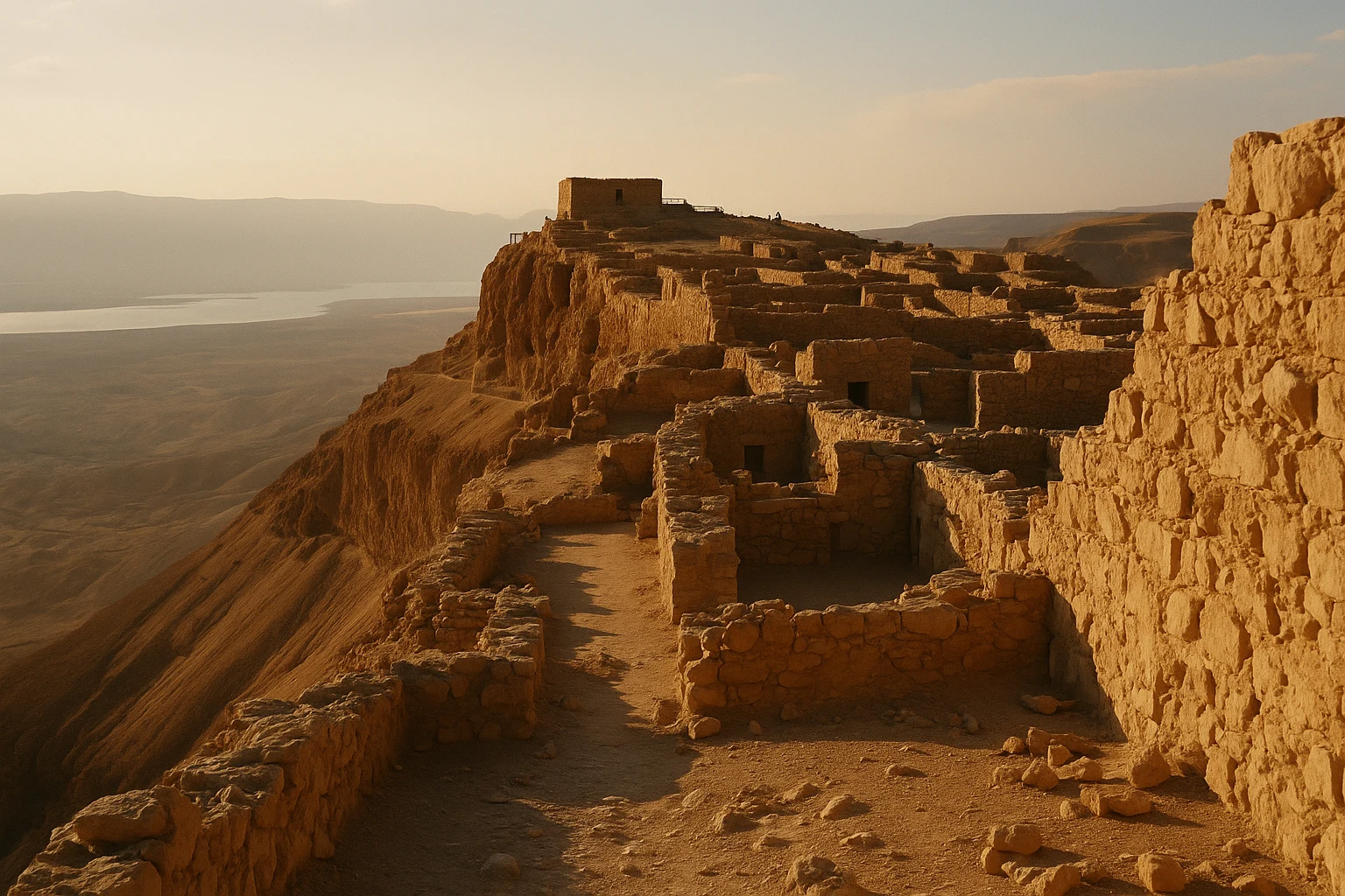 Aerial view of Masada fortress plateau rising above the Judean Desert in Israel with the Dead Sea visible in the distance