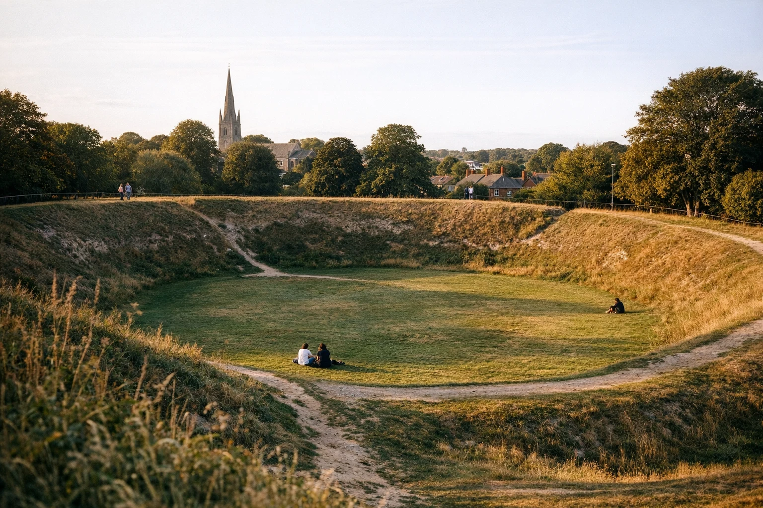 Earthwork banks and grassy interior of Maumbury Rings in Dorset, United Kingdom