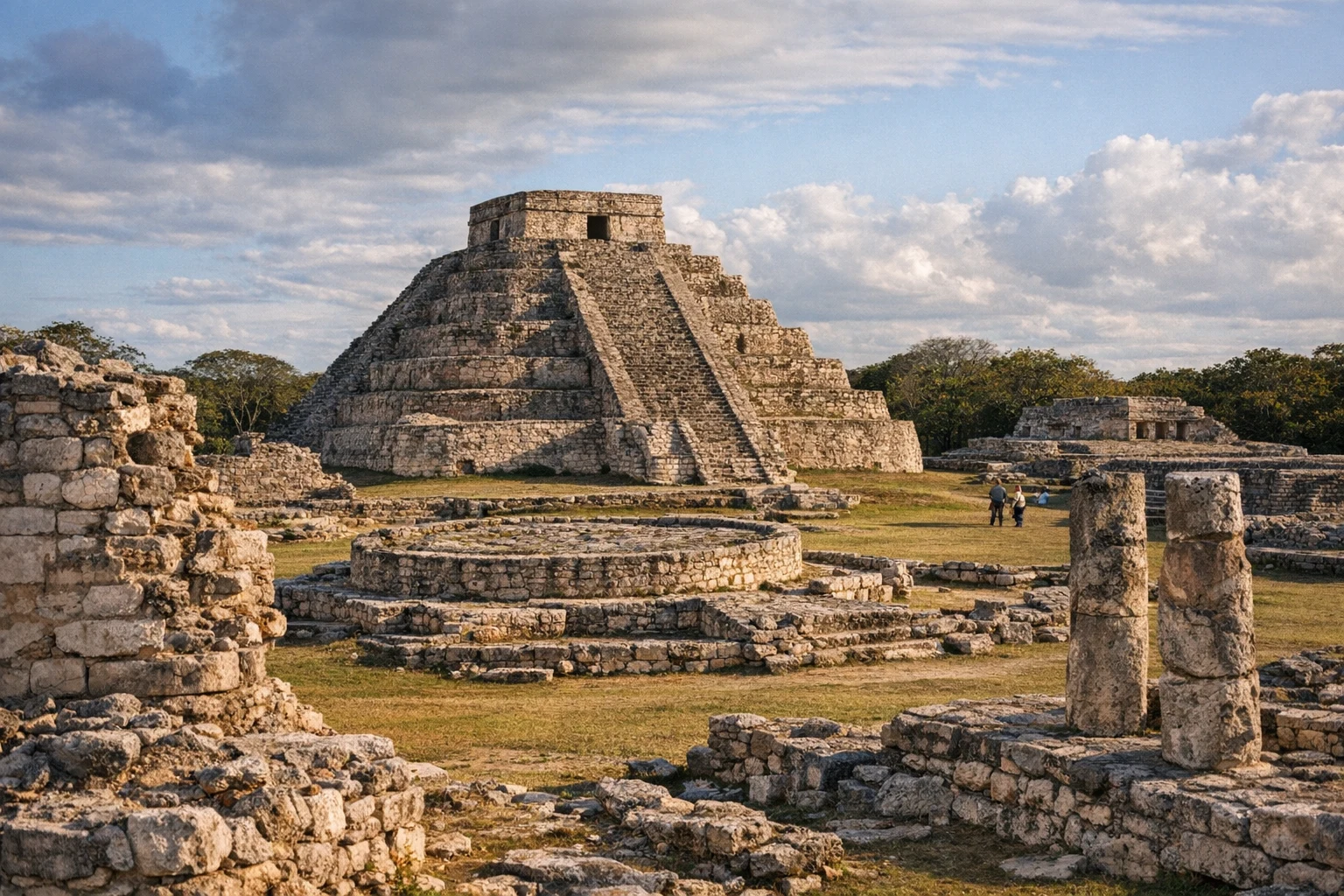 Ruins of Mayapán in Yucatán, Mexico, with pyramid and stone structures under open sky