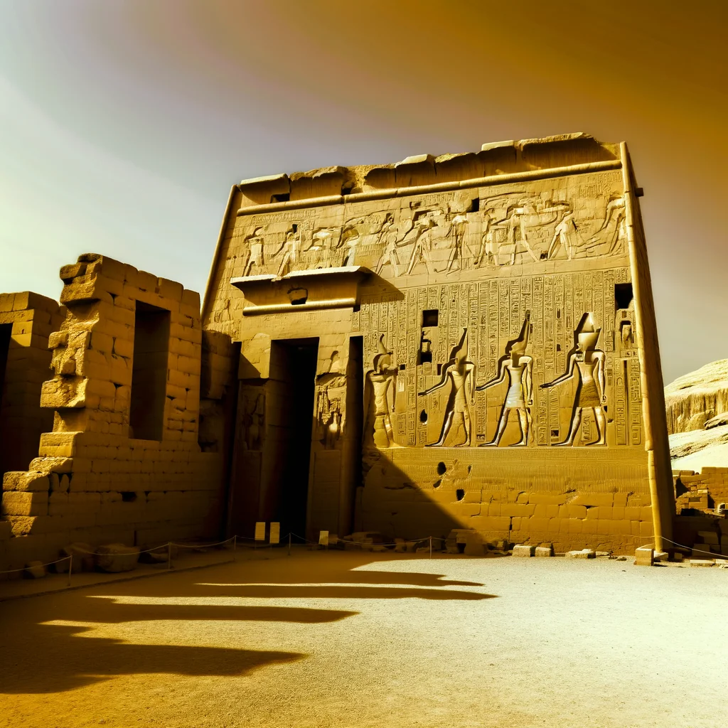 Medinet Habu temple pylon and walls with dramatic relief carvings of Ramesses III, Luxor Egypt