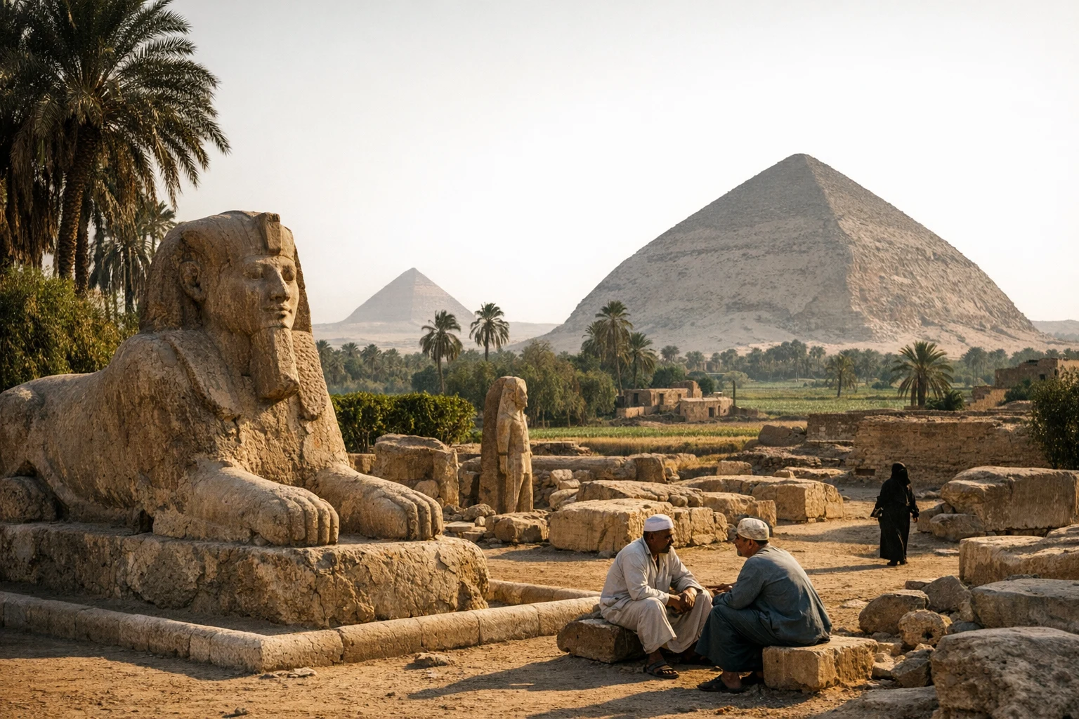 Panoramic view of Memphis ruins with Dahshur pyramids in the distance, Egypt