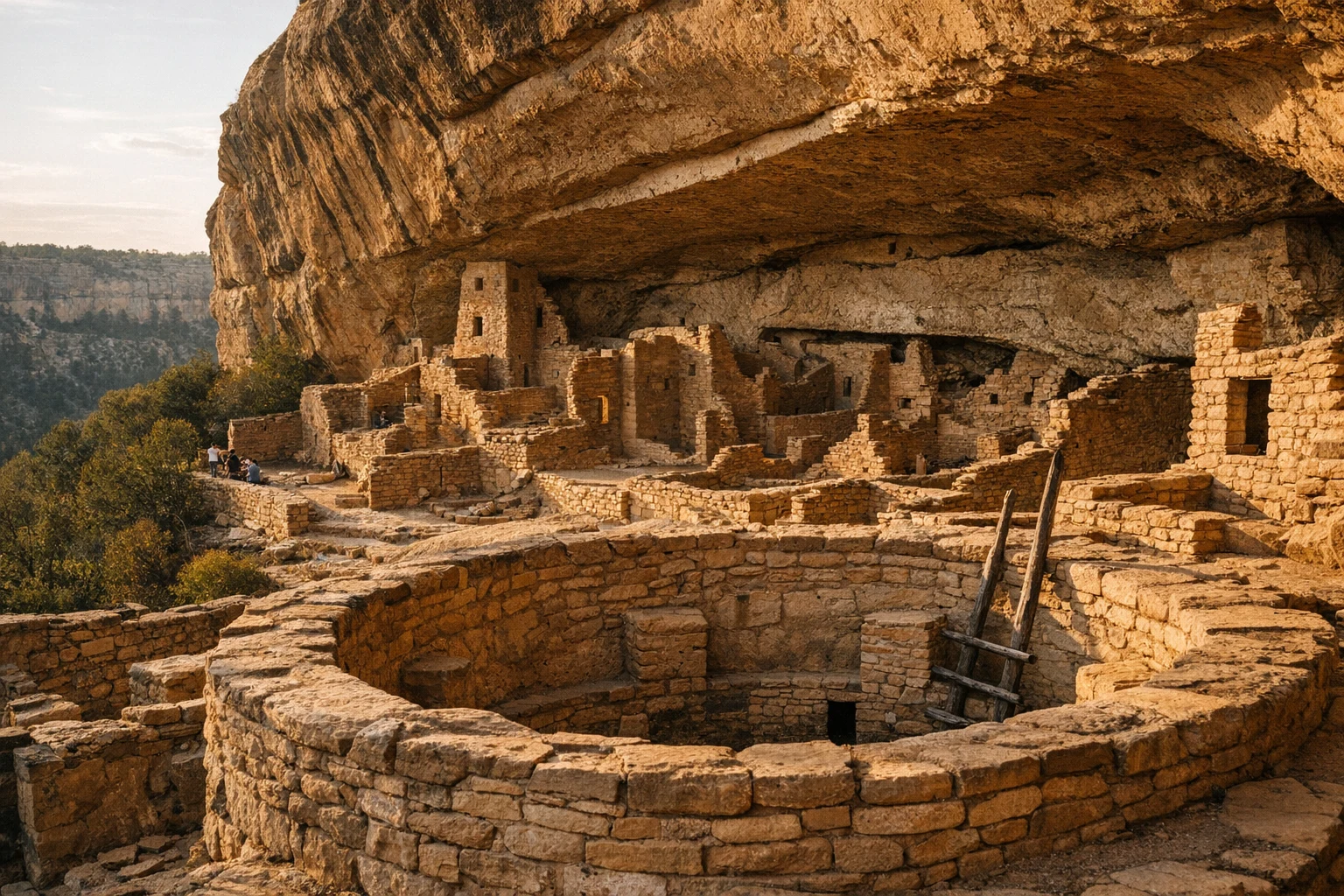 Cliff dwellings at Mesa Verde in the United States set into sandstone alcoves beneath a high desert mesa