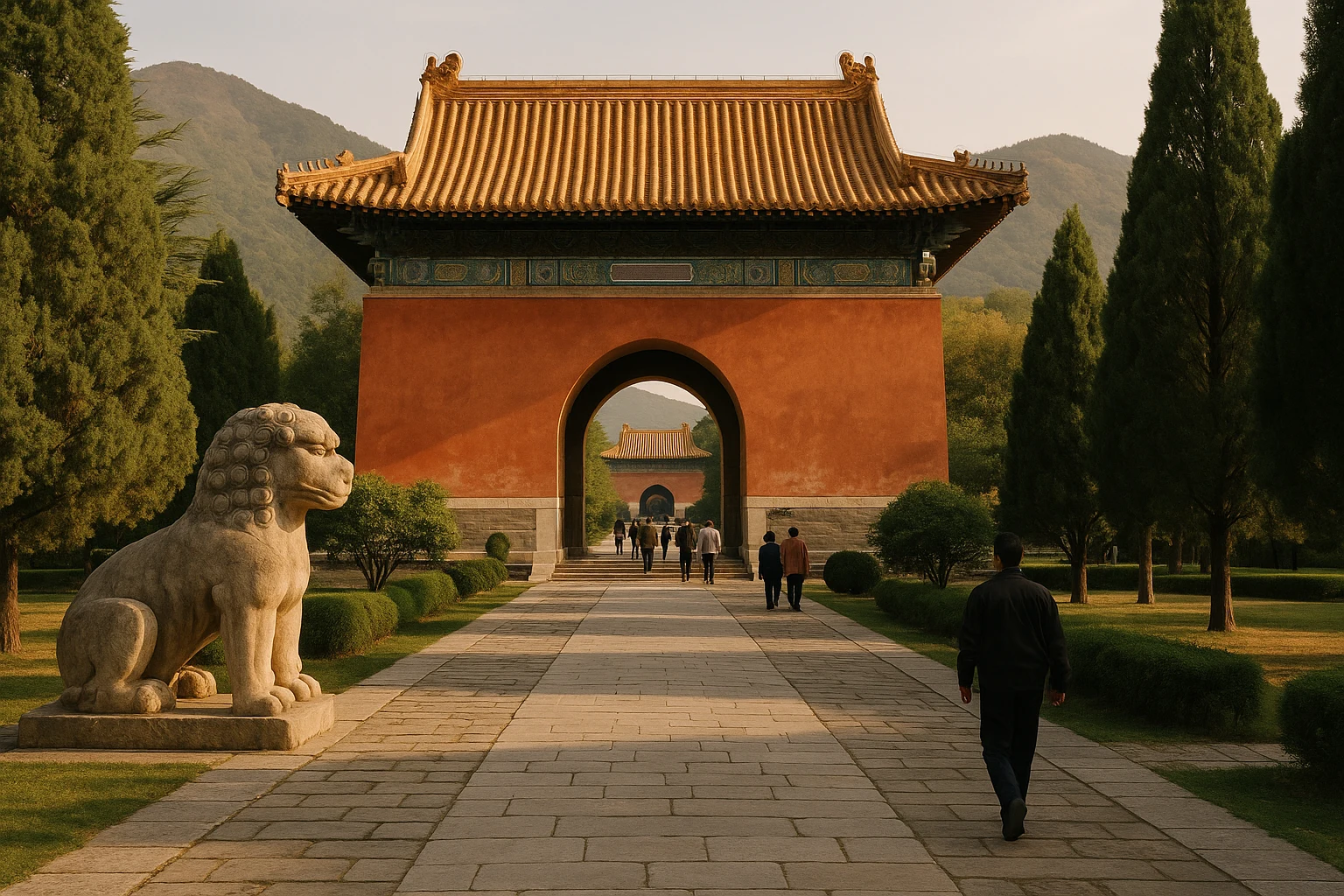 The Spirit Way at Ming Tombs, China, lined with stone statues of animals and officials leading toward the imperial burial complex
