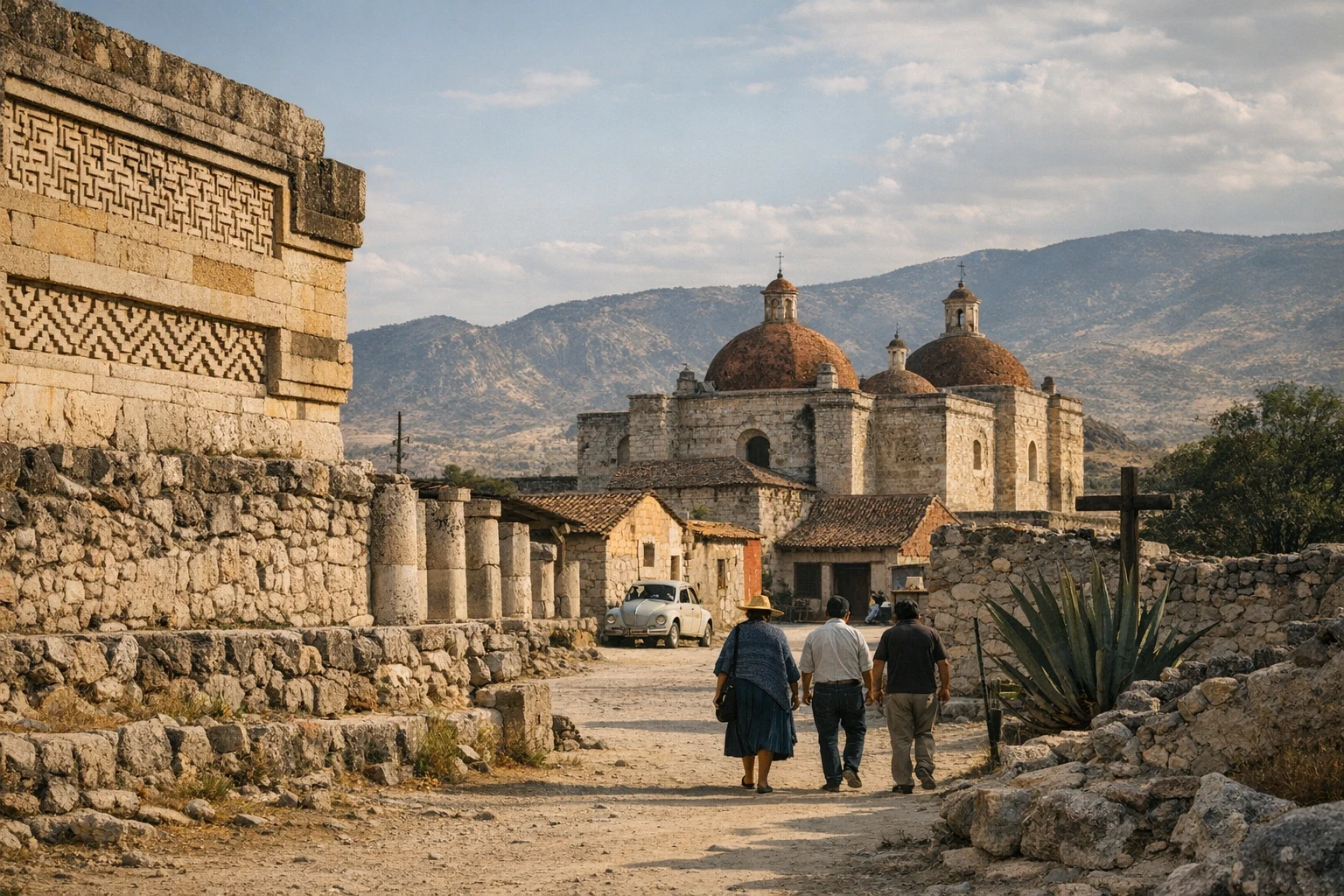 Ancient stone mosaics and columns at Mitla in Oaxaca, Mexico