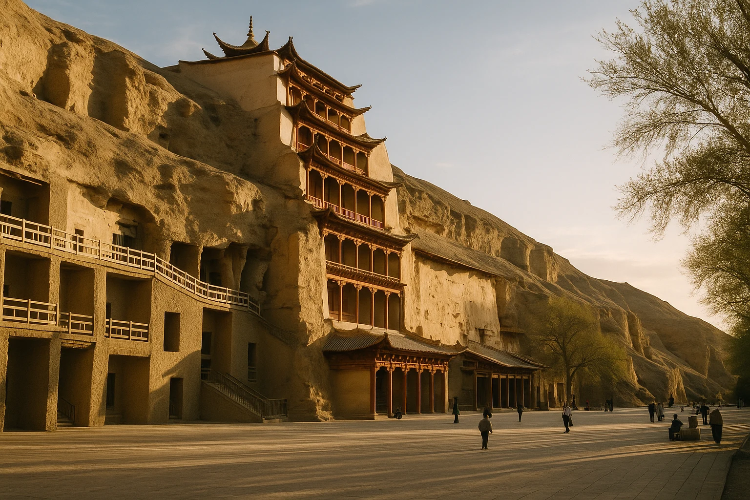 Exterior facades of the Mogao Caves cut into a sandstone cliff near Dunhuang, China, with wooden walkways connecting the cave entrances