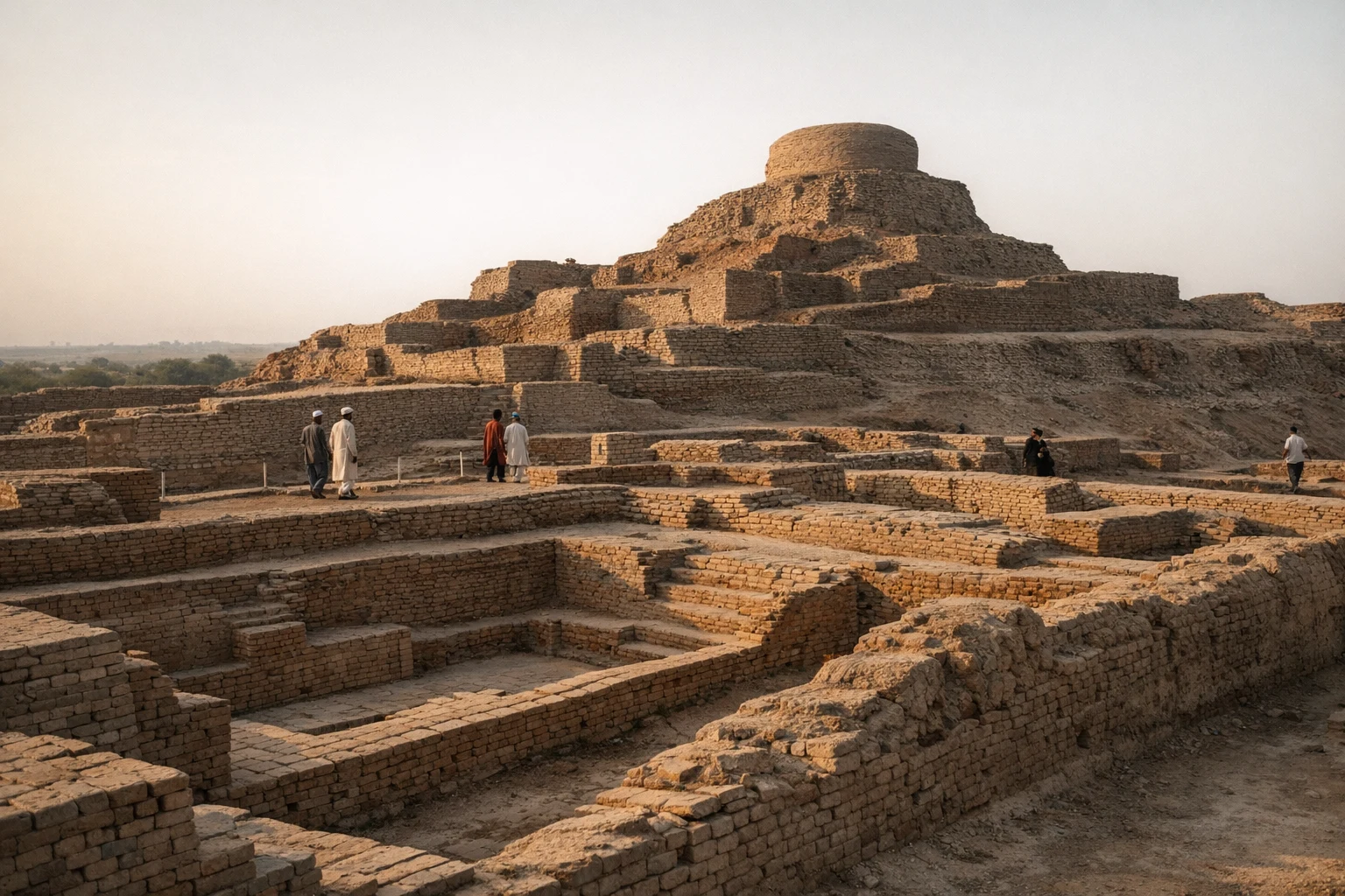 Ancient brick ruins of Mohenjo-daro in Sindh, Pakistan under a wide blue sky