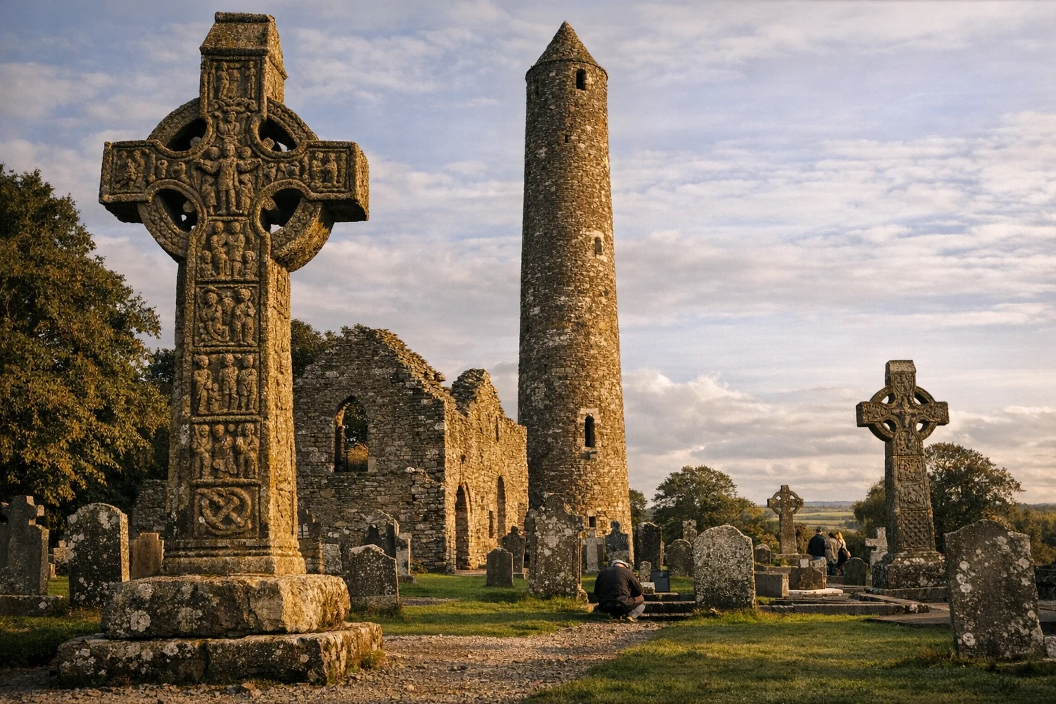 High crosses and round tower at Monasterboice in County Louth, Ireland