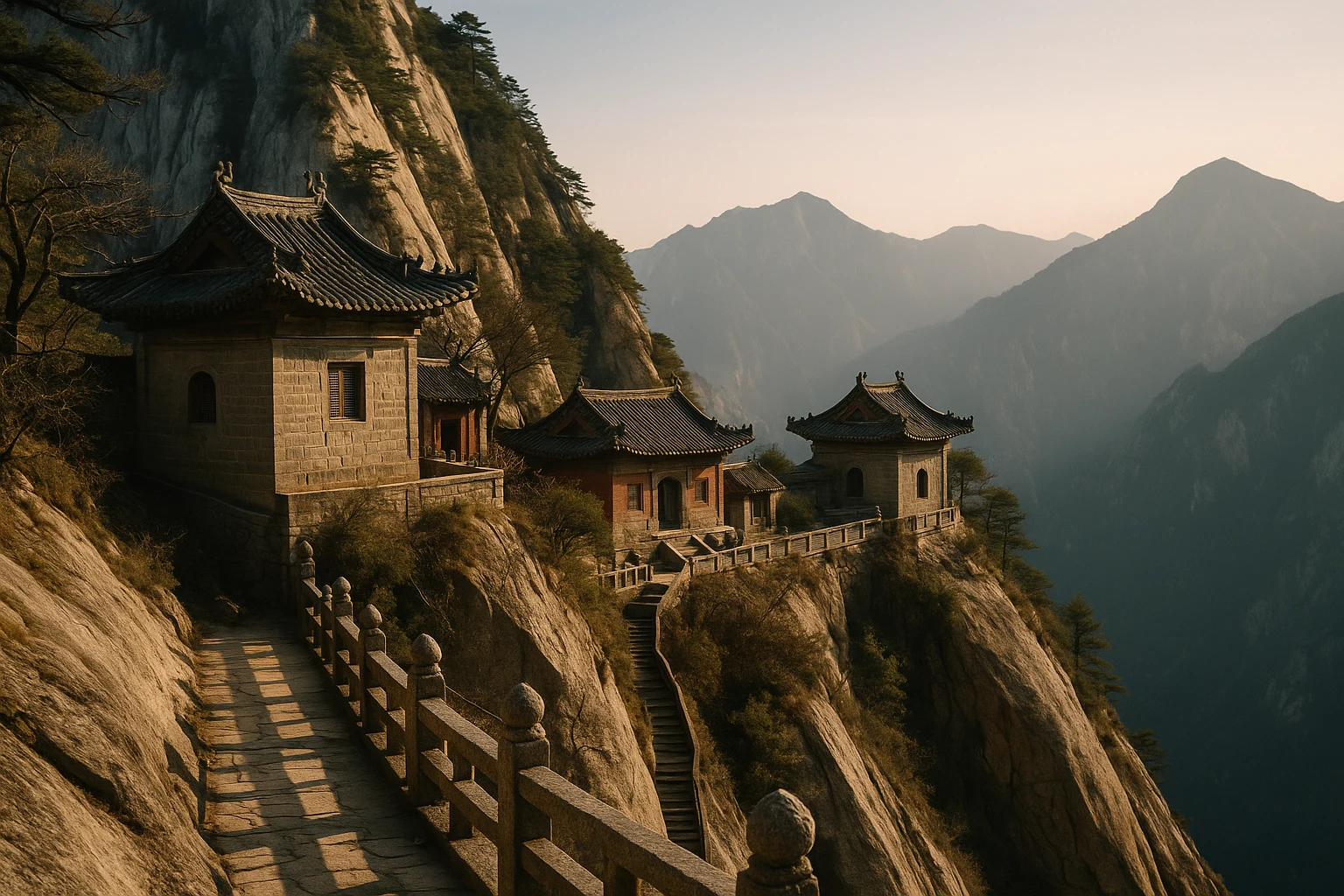 Ancient Daoist temples perched on sheer granite cliffs at Mount Huashan Ancient Temples, China