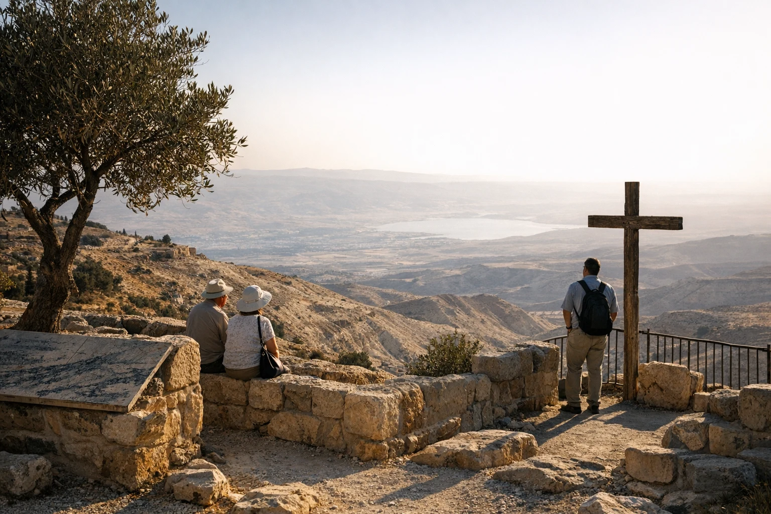 Sweeping panorama from Mount Nebo overlooking the Jordan Valley in Jordan