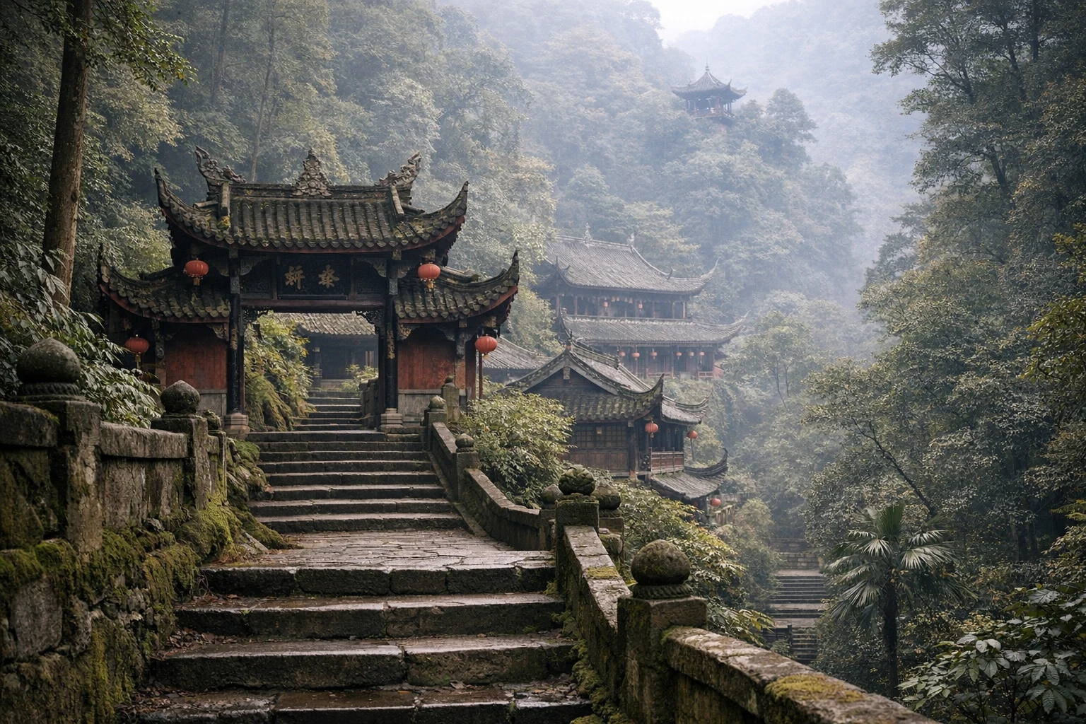 Ancient Taoist temple pavilion emerging from mist-shrouded forests on Mount Qingcheng, Sichuan, China