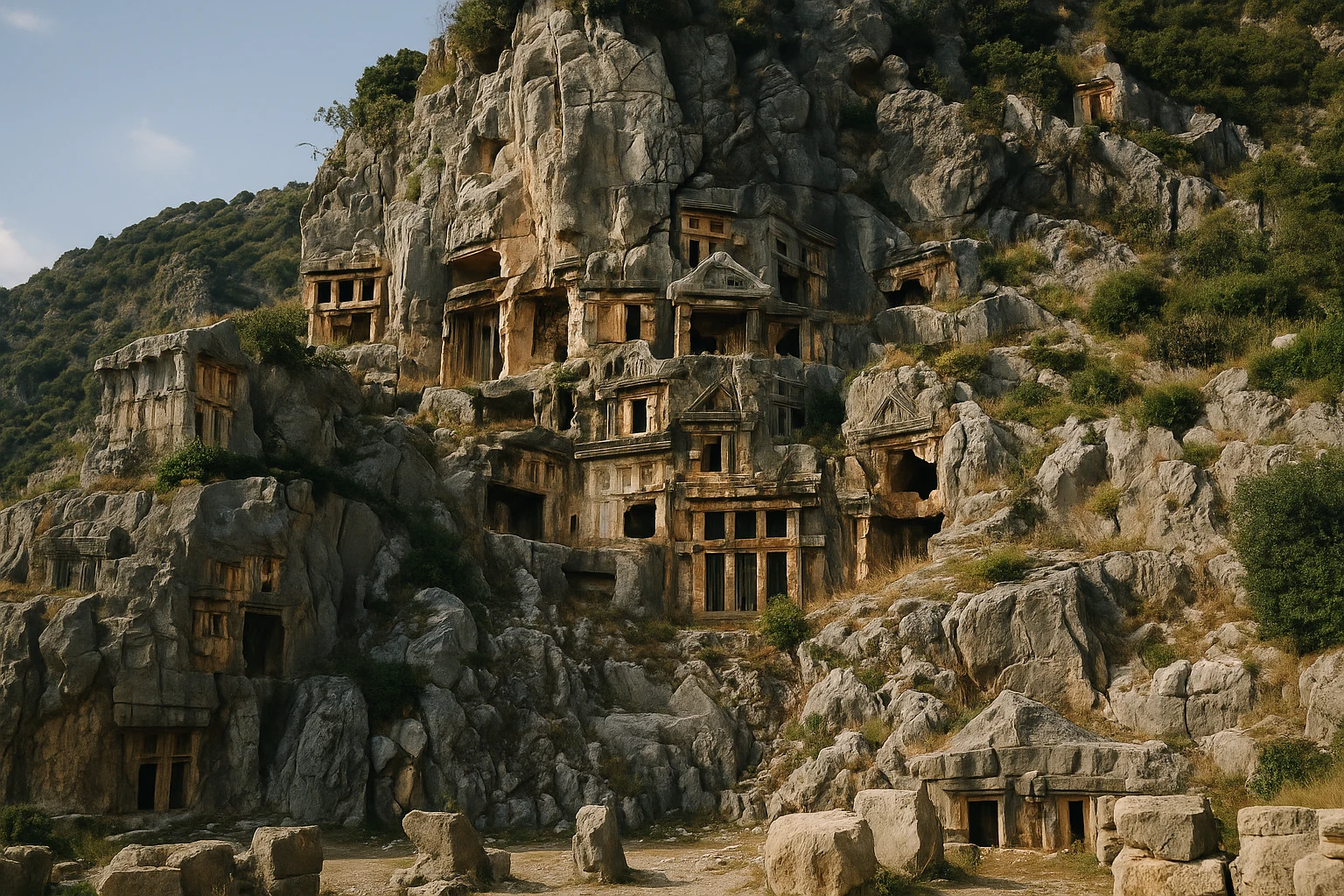 Lycian rock-cut tombs above the Roman theatre at Myra, Demre, Turkey