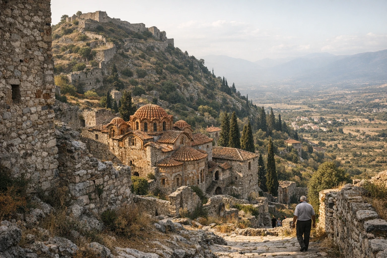 Ruins of Mystras in Greece climbing the hillside below the fortress above Sparta
