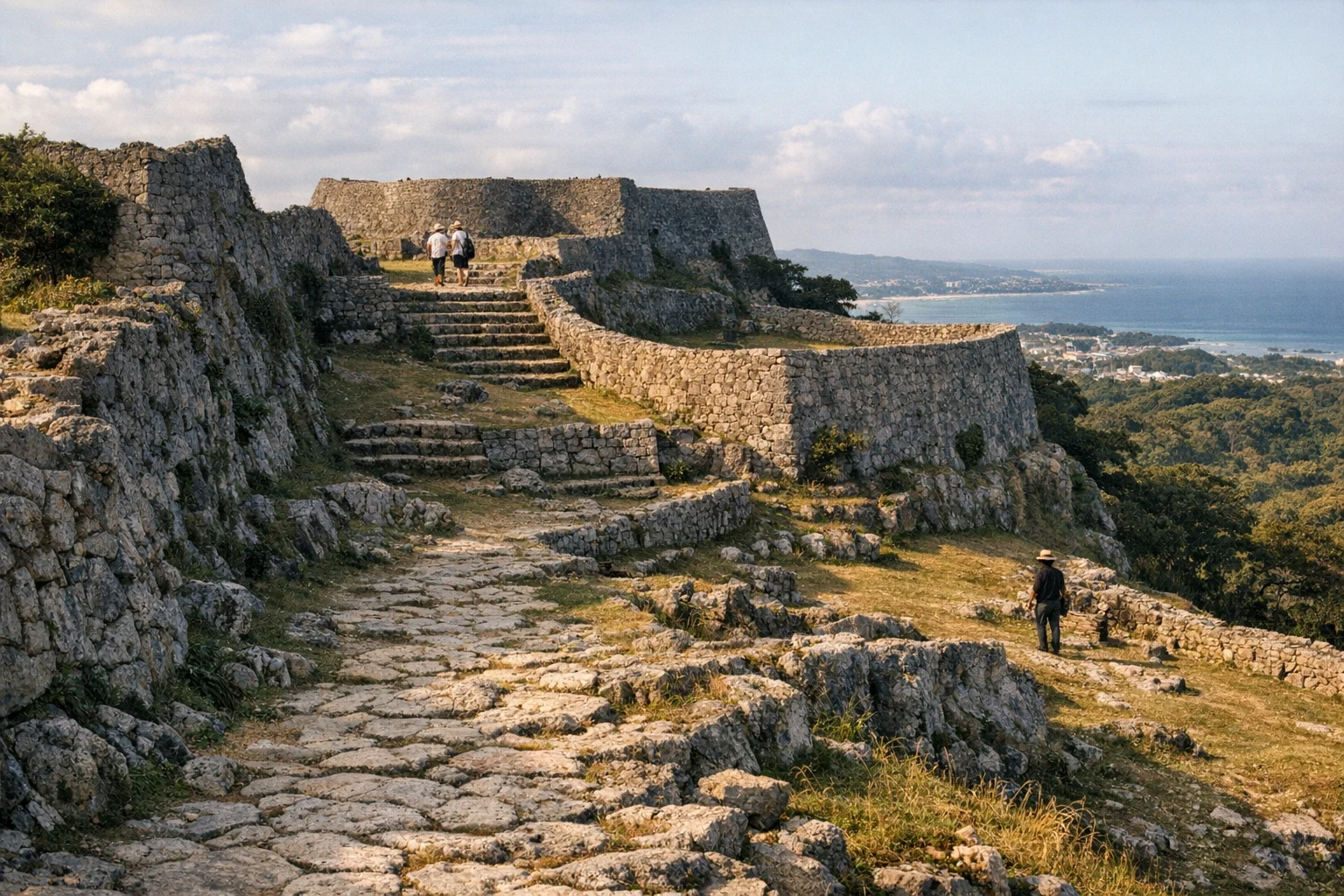 Nakagusuku Castle Ruins stone walls and lush greenery in Okinawa, Japan