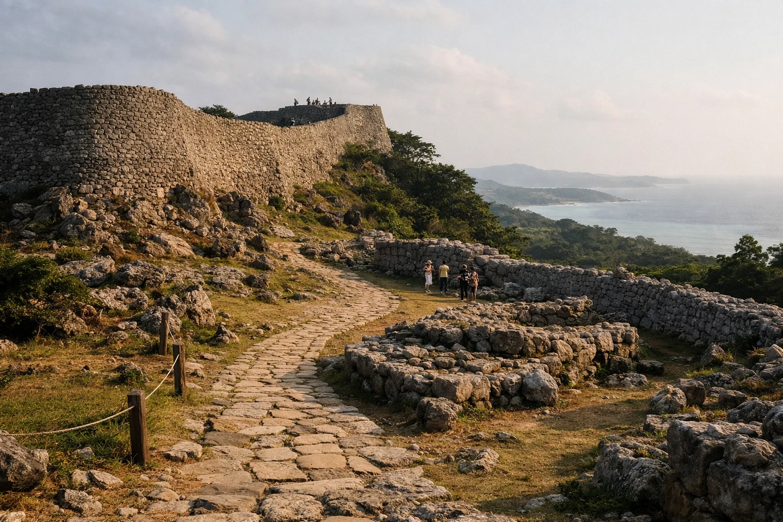 Stone walls and lush greenery at Nakijin Castle Ruins in Okinawa, Japan