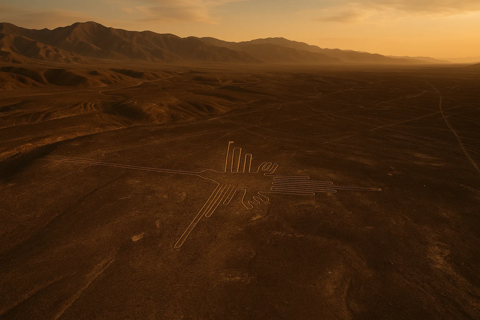 Aerial view of the Hummingbird geoglyph etched into the Nazca desert pampa, Peru