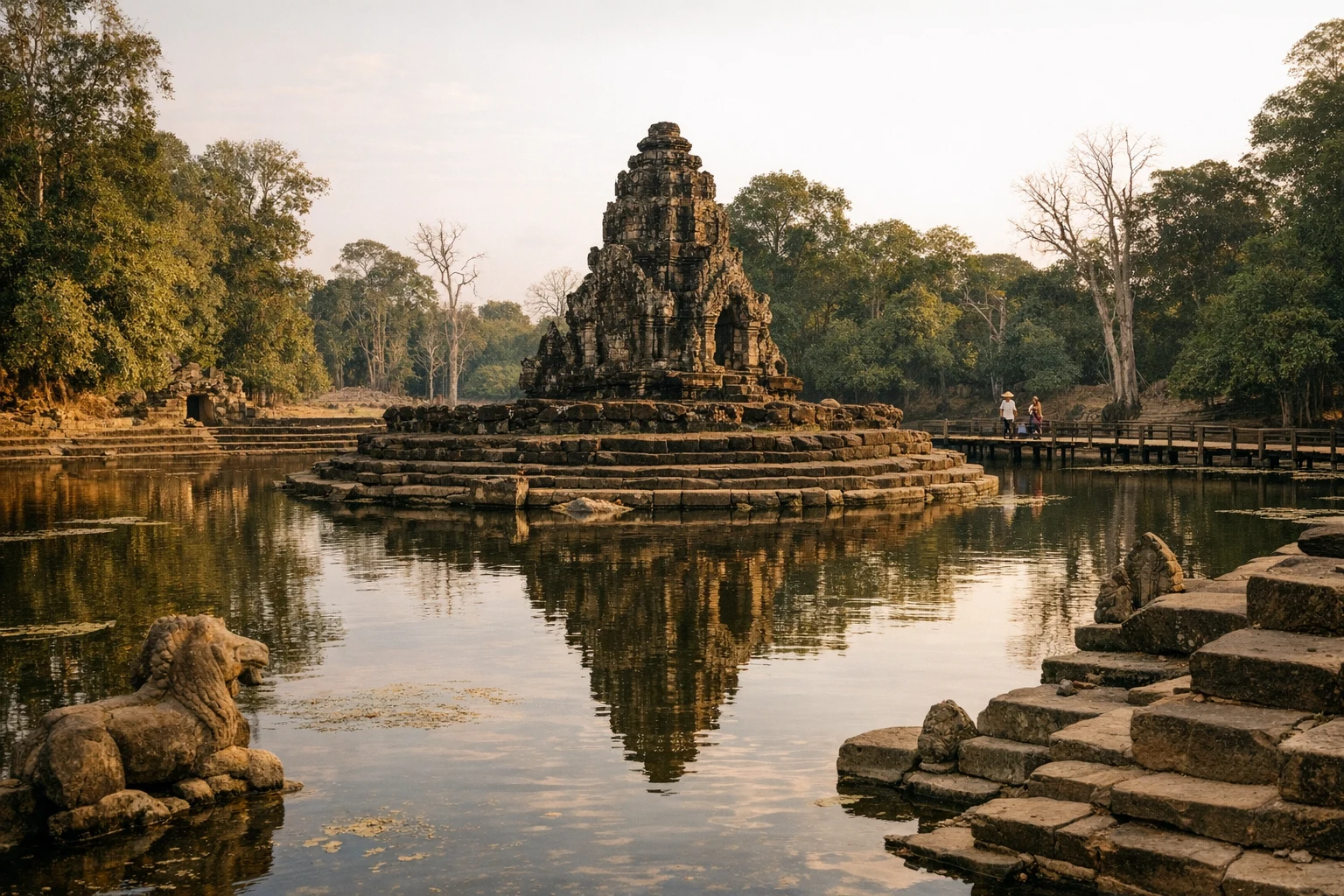 Aerial view of Neak Pean island temple surrounded by water in Cambodia