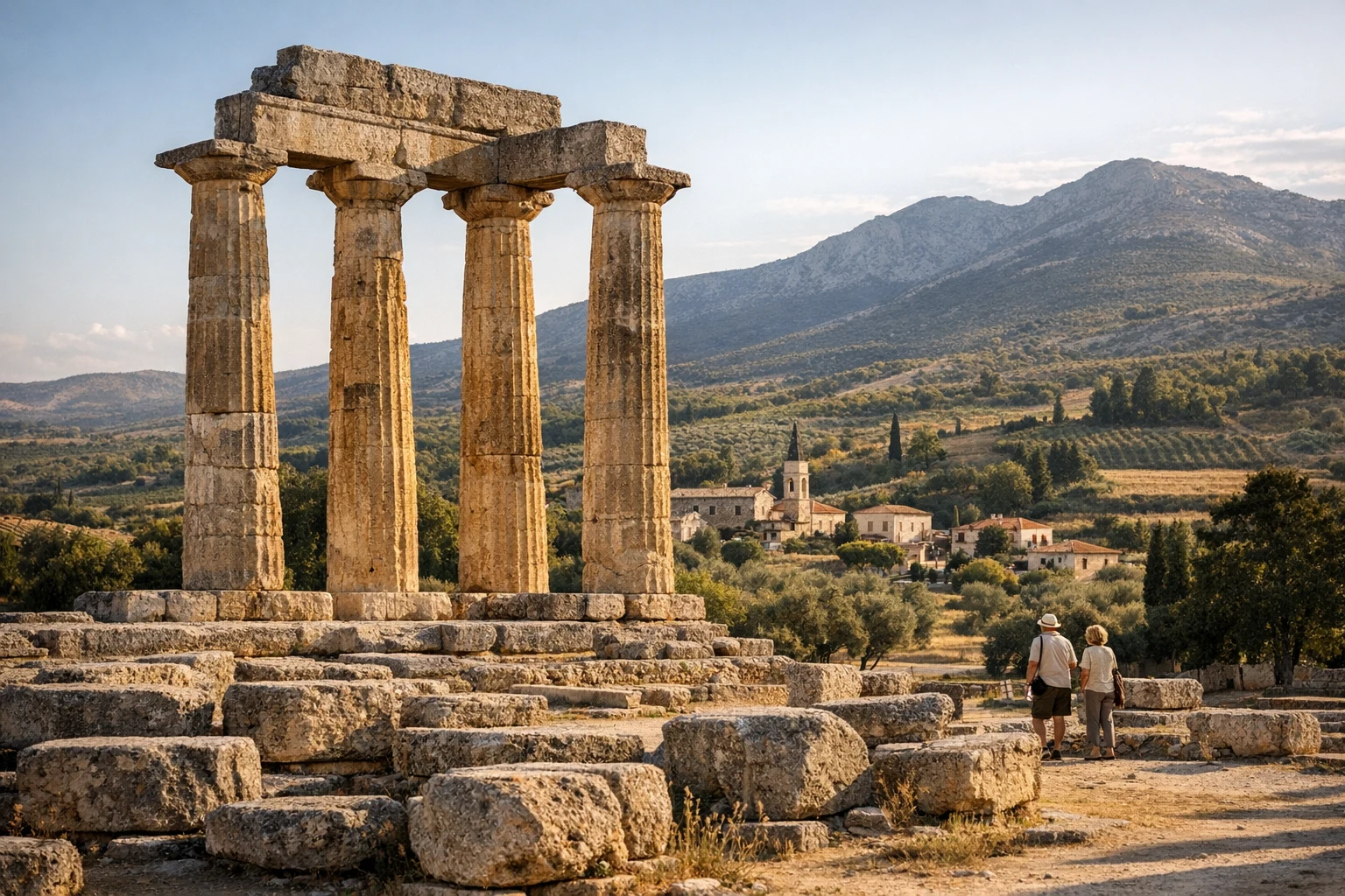 Ruins of ancient Nemea in Greece with the Temple of Zeus and surrounding valley