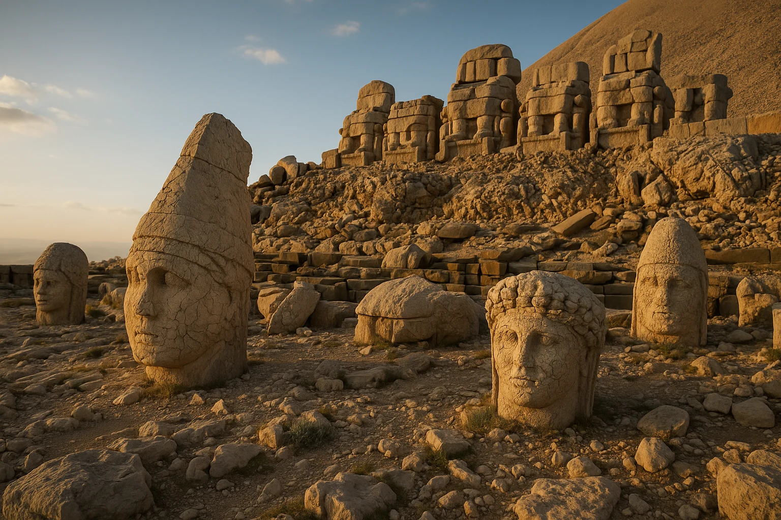 Colossal stone heads at sunrise on Nemrut Dağ, Turkey