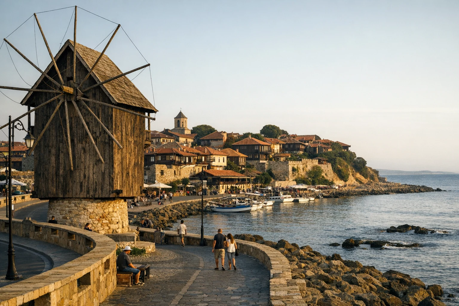 Ancient stone churches and old houses in Nessebar, Bulgaria, above the Black Sea