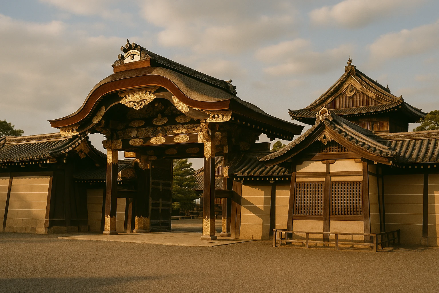 Nijo Castle's Karamon Gate and white-walled Ninomaru Palace surrounded by cherry blossoms in Kyoto, Japan