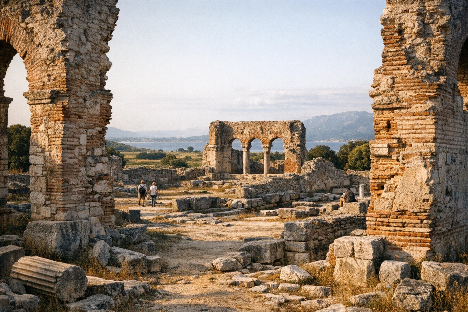 Ruins of Nikopolis near Preveza in Greece with ancient walls and green landscape