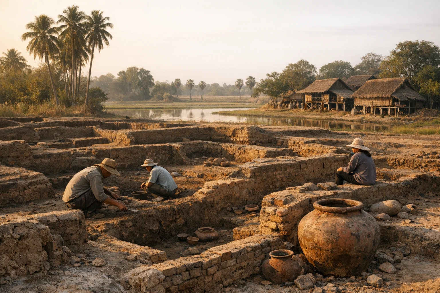Excavated remains at Non Ban Jak archaeological site in Thailand, showing ancient settlement features in northeastern Thailand