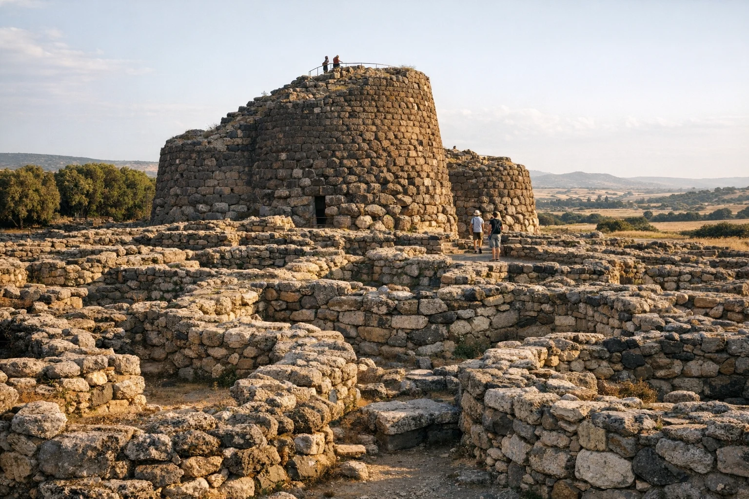 Stone towers and walls of Nuraghe Su Nuraxi in Barumini, Italy