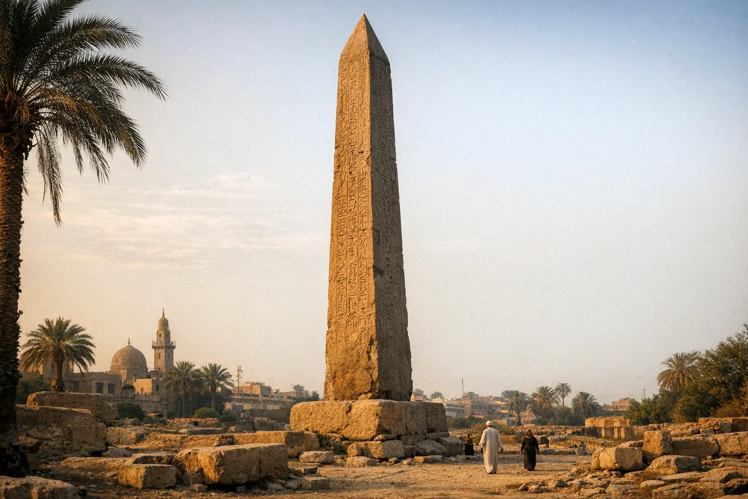 The Obelisk of Heliopolis standing tall amid modern Cairo, Egypt