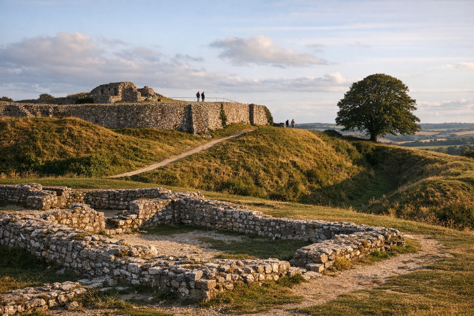 Ruins and earthworks of Old Sarum, ancient settlement in Wiltshire, United Kingdom