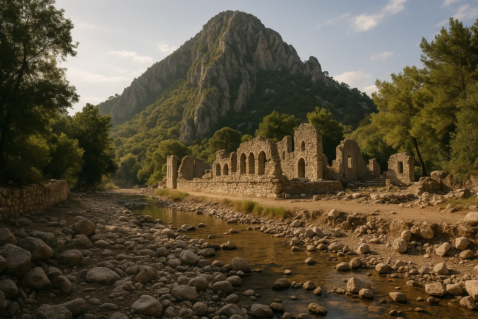 River valley ruins and stone tombs at Olympos, Turkey